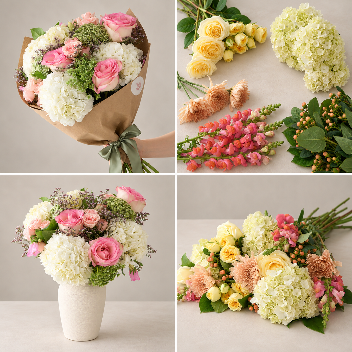 Four-panel floral arrangement display showing a bouquet of Esperance roses and white hydrangeas wrapped in brown paper with a green ribbon, a vase arrangement with the same flowers, and several loose flower clusters including pink and yellow roses, hydrangeas, carnations, and greenery on a light neutral background.