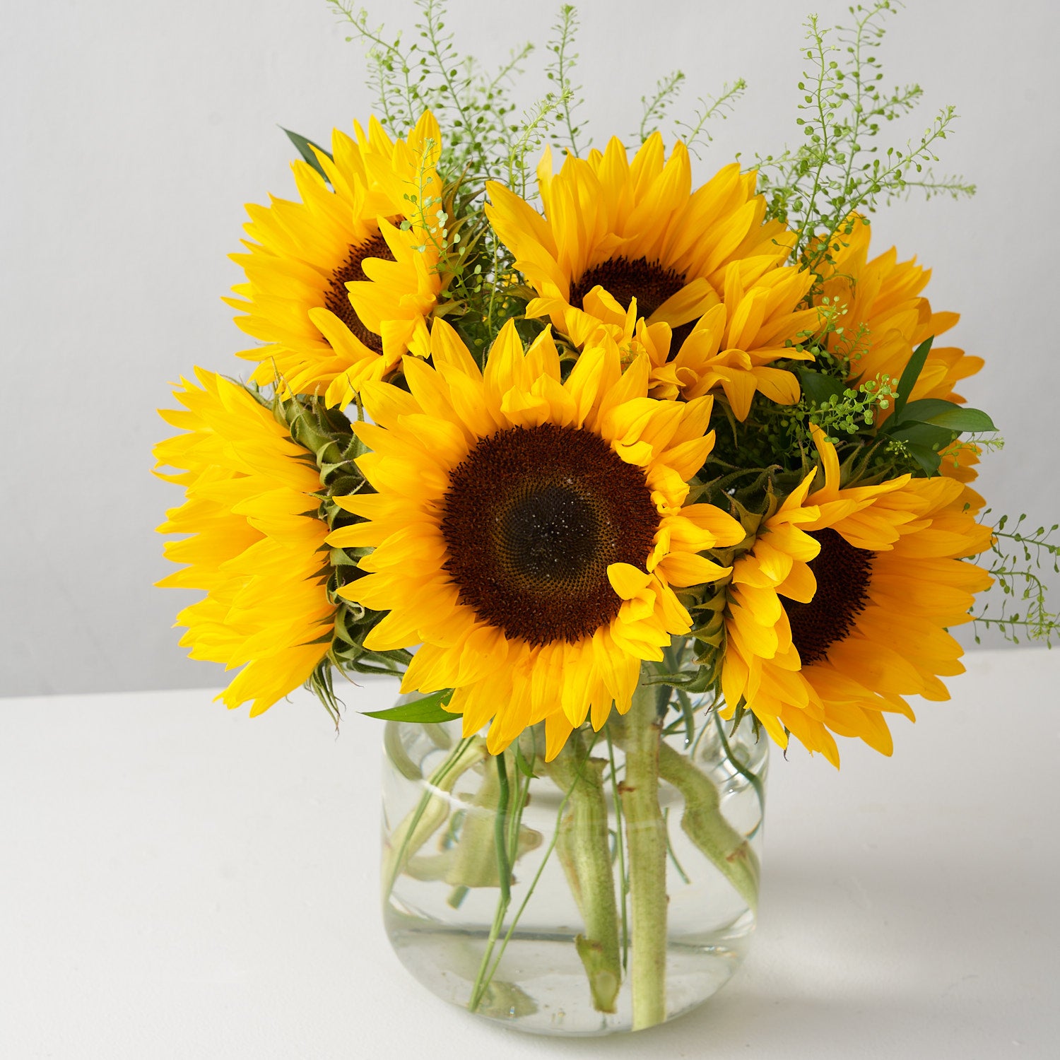 close up of sunflowers in a vase.