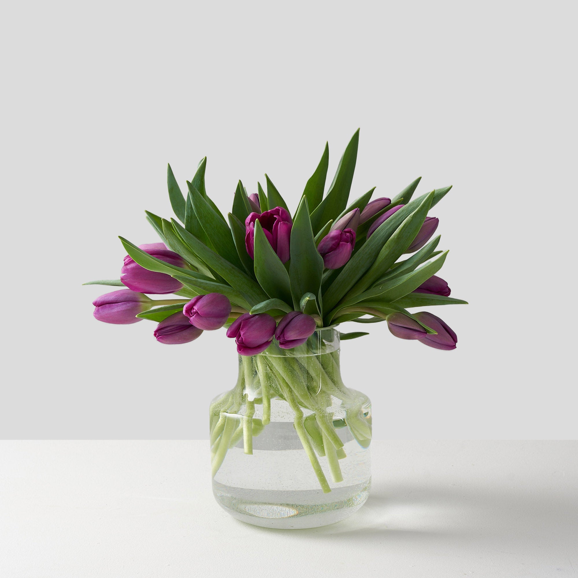 Rounded clear glass vase containing a collection of purple vases
