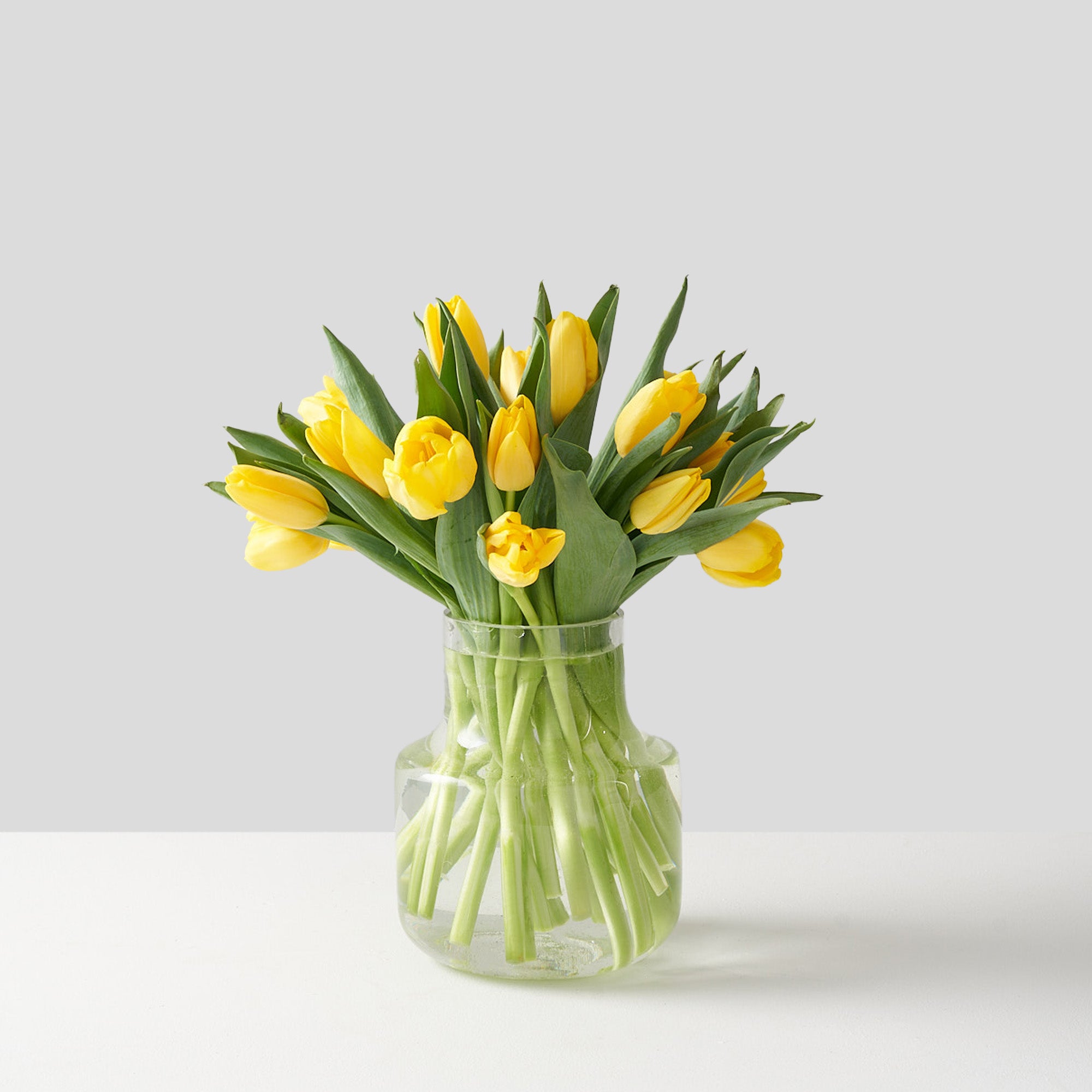 Clear glass vase adorned with vibrant yellow tulips