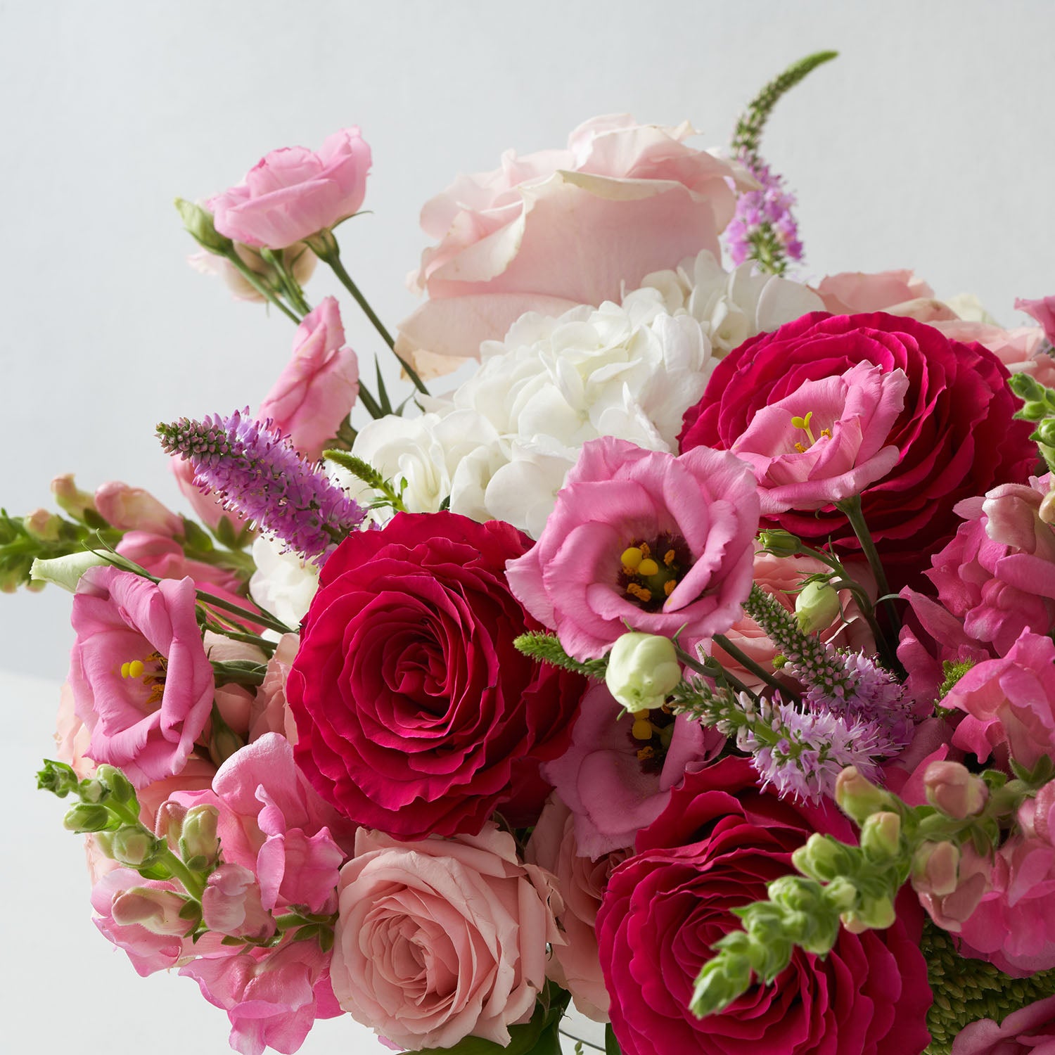 Closeup of hot pink roses, pink lisianthus, pink snapdragon amd white hydrangea.