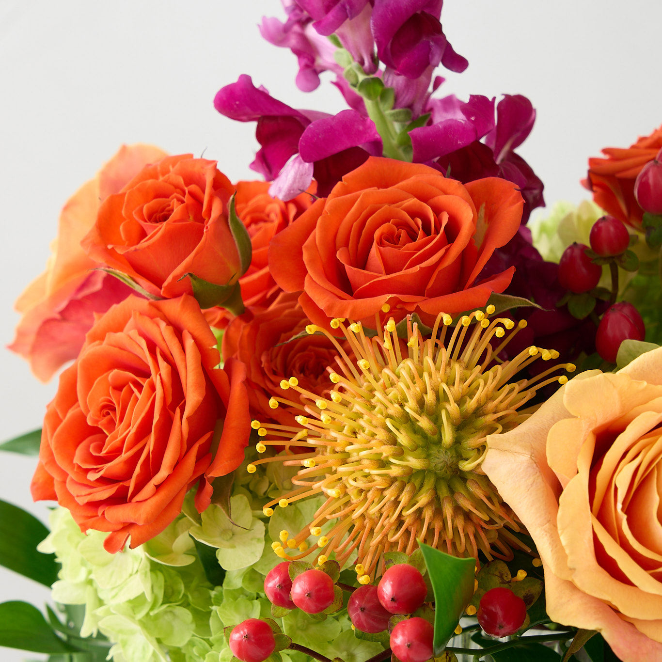 coral roses and hypericum, green hydrangea , orange spray roses, fuchsia snapdragons, and protea in a clear ribbed short cylinder vase zoomed in photo