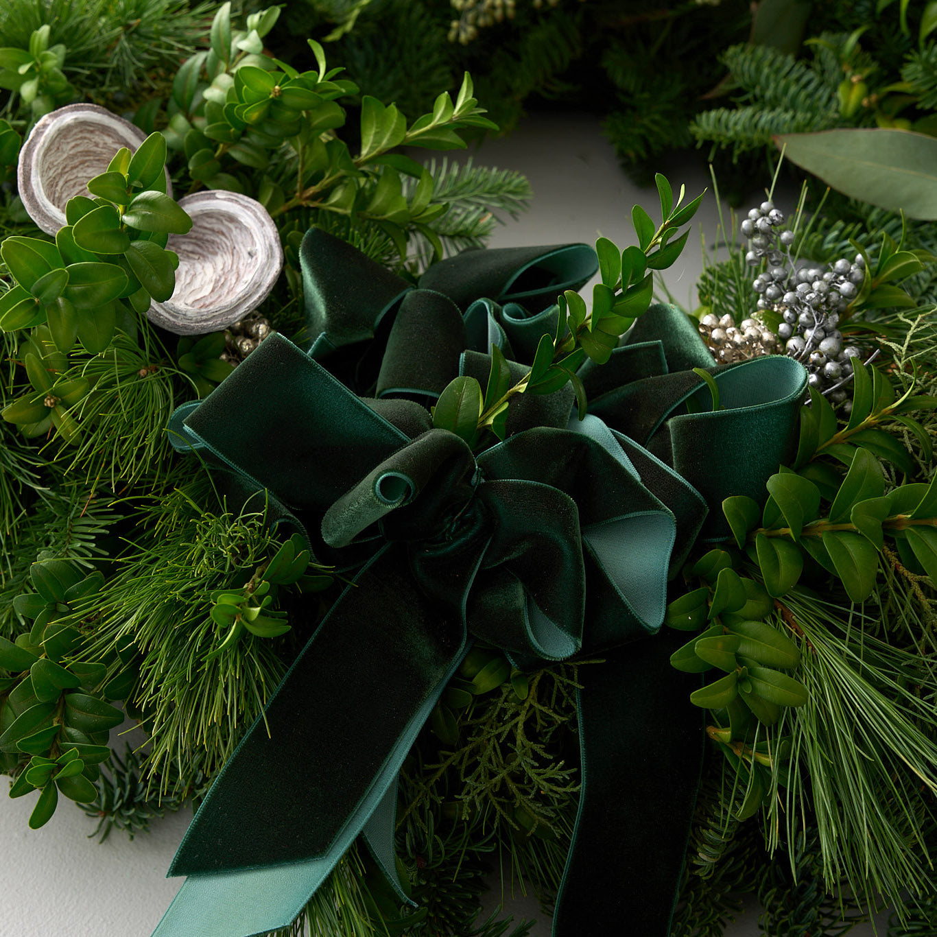 up close photo of an emerald green bow on a fresh winter greens with silver pepper corns and badman pods