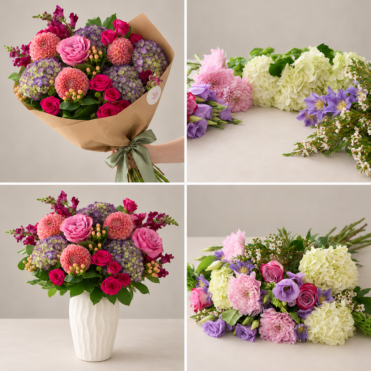 A four-panel collage showing a mixed flower bouquet in different arrangements: wrapped in brown paper with a green ribbon, displayed as a loose floral arrangement, arranged in a white vase, and laid out on a light surface. The bouquet features pink roses, purple hydrangeas, cream hydrangeas, dahlias, spray roses, snap dragons and green foliage.