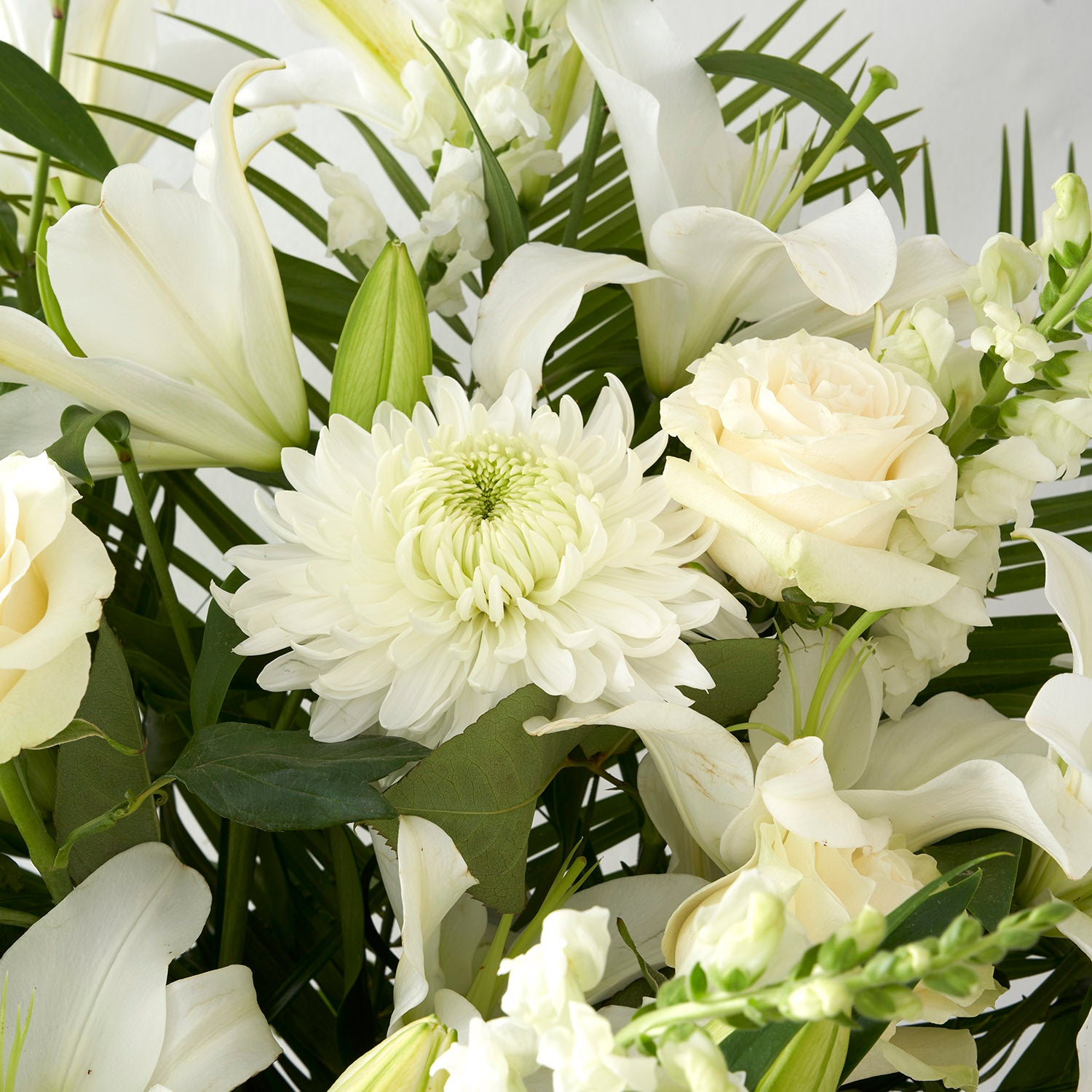 Closeup of white flowers including chrysanthemums, lilies, and roses.