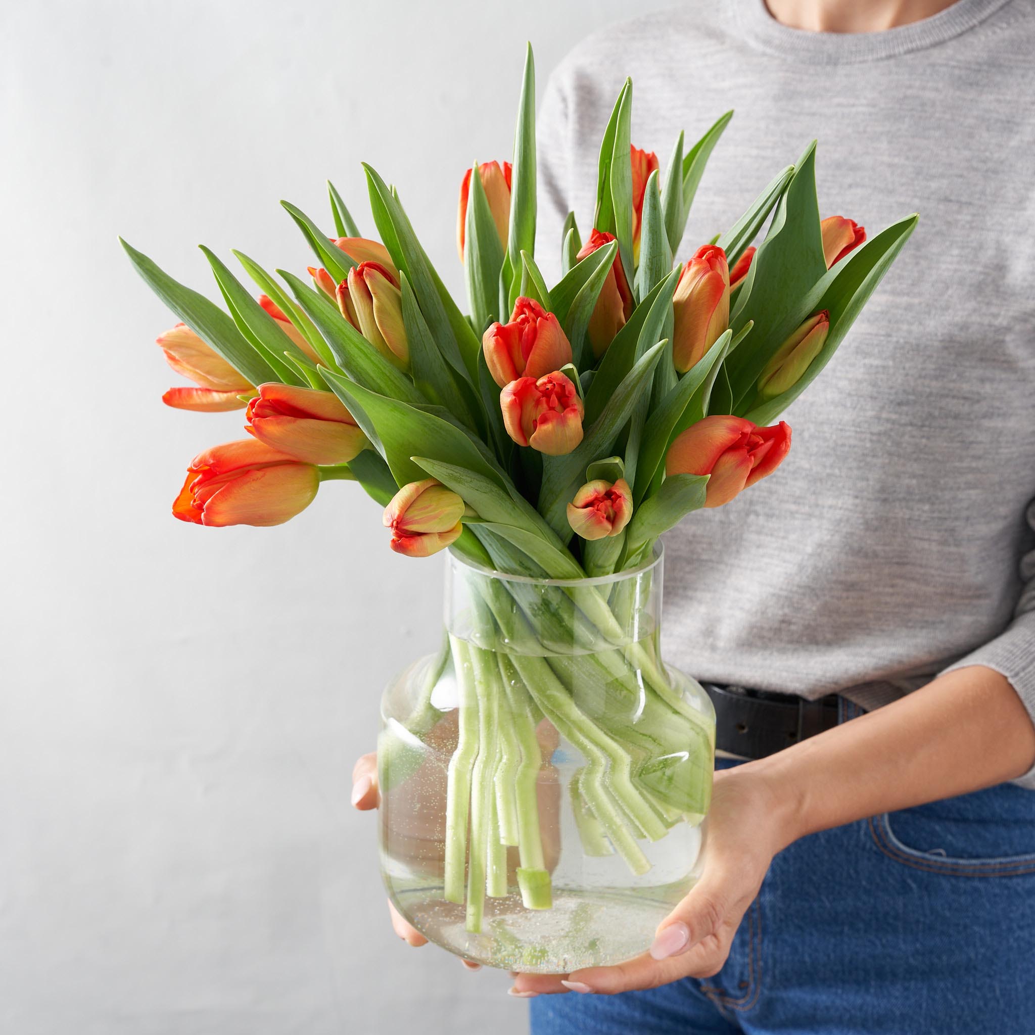 Woman in grey sweater holding a rounded clear glass vase filled with orange tulips