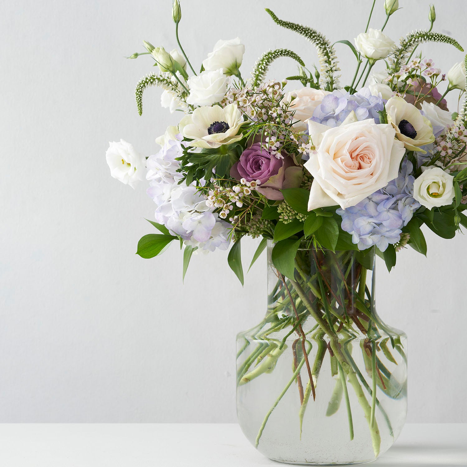 Lavender roses, blue hydrangea, white anemonies, white veronica, arranged in clear glass vase, on white background.