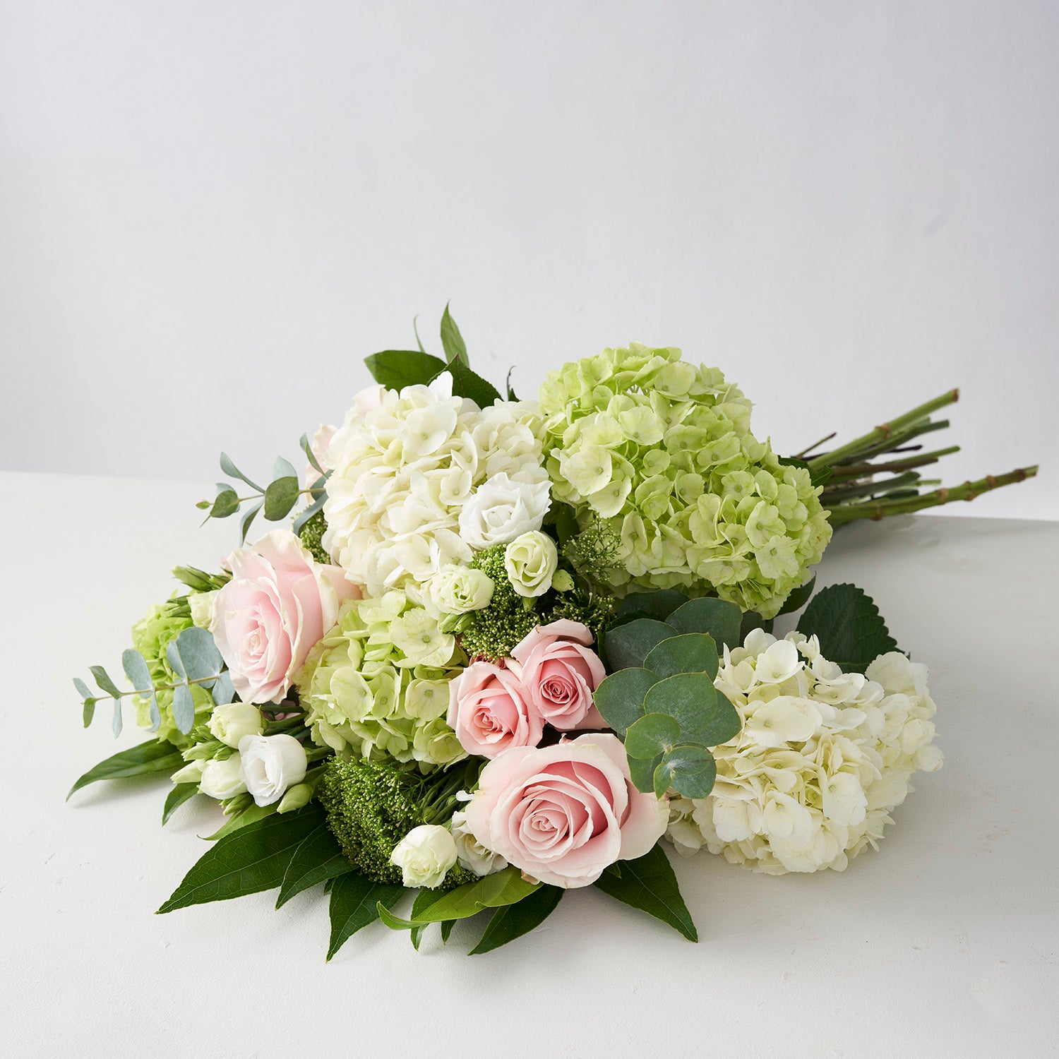 Bouquet of pink roses pale green hydrangea and eucalyptus on white background.
