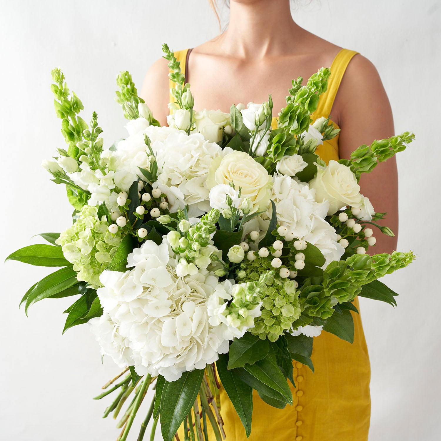 Woman in yellow dress holding large bouqet of white and green hydrangeas, roses, snapdragon,s and bells of Ireland on white background.