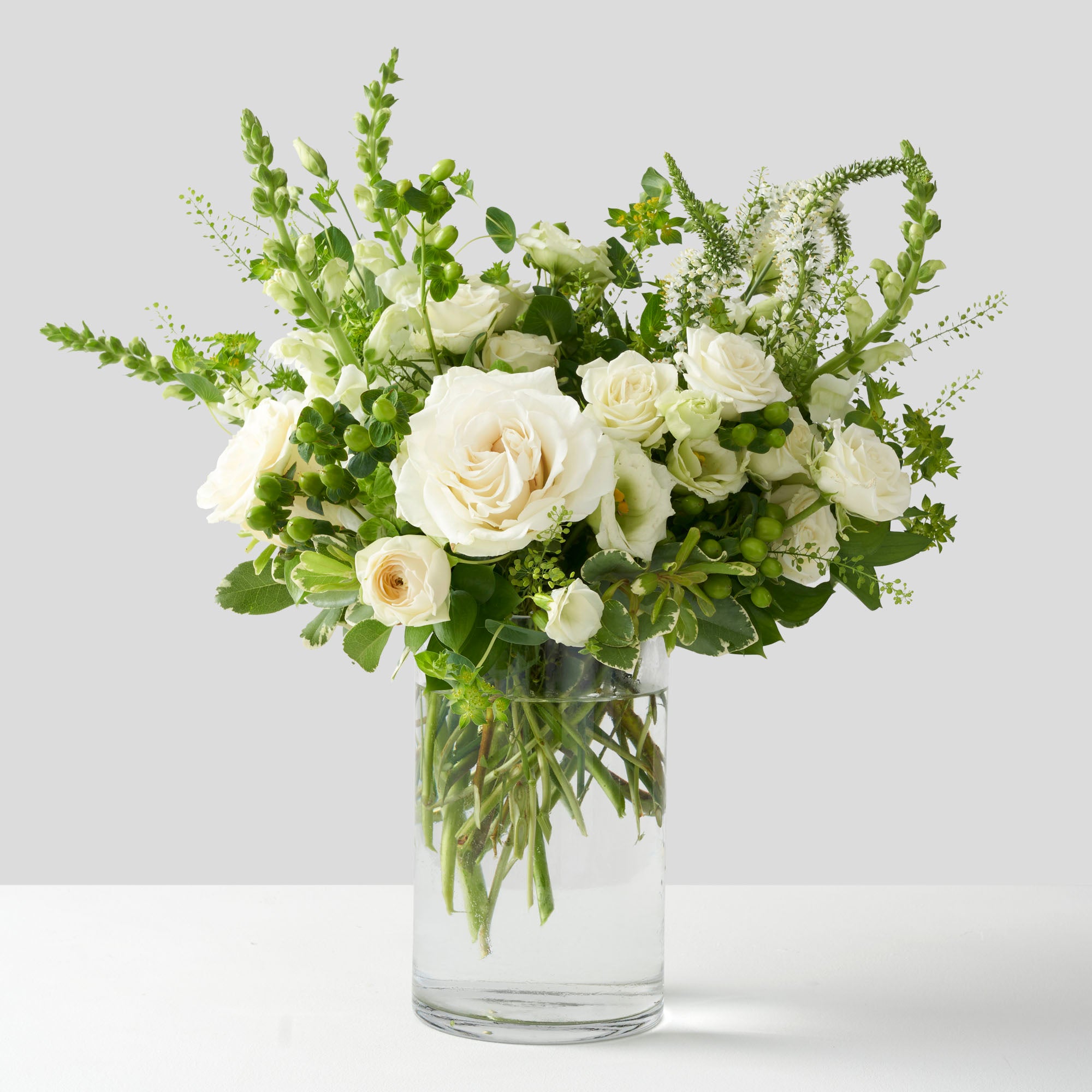 All green and white, lose, airy, flower arrangement, in class vase on white background.