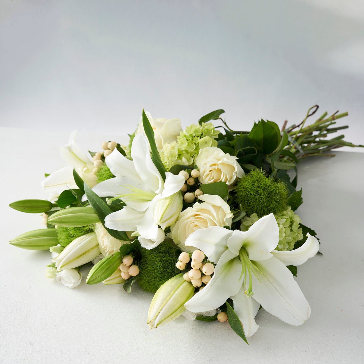 White Mondial roses and white lilies with cream berries and green hydrangea on white background.