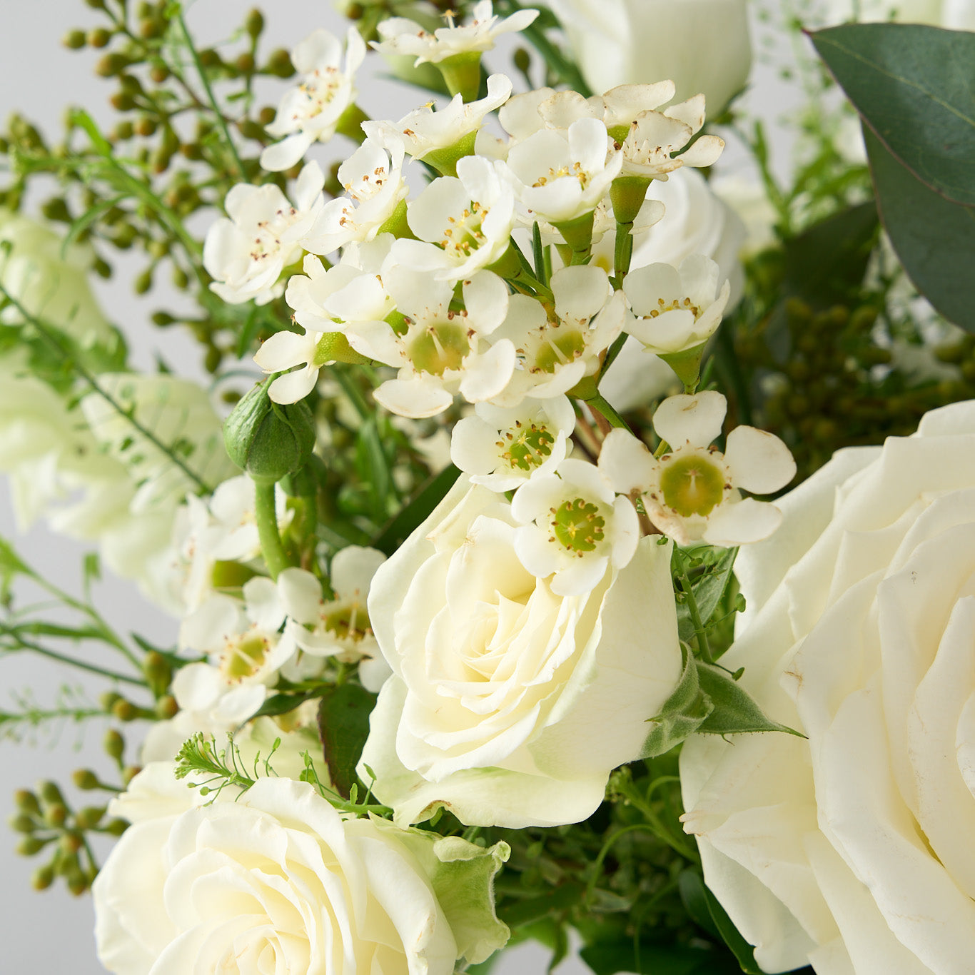 up close photo of the flowers in an elegant all white and green country garden vase arrangement which features hydrangea, snapdragons, Playa Blanca roses, lisianthus, seeded eucalyptus, and white spray roses.