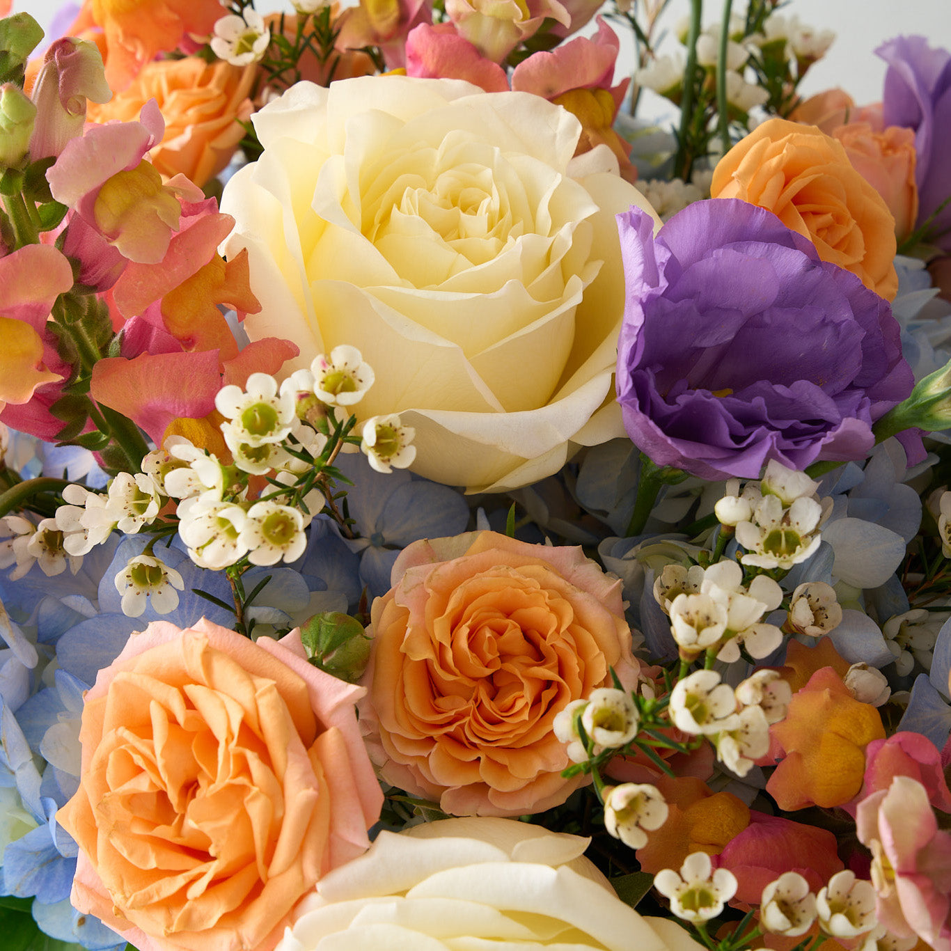Spring flower bouquet in a clear vase on a light background