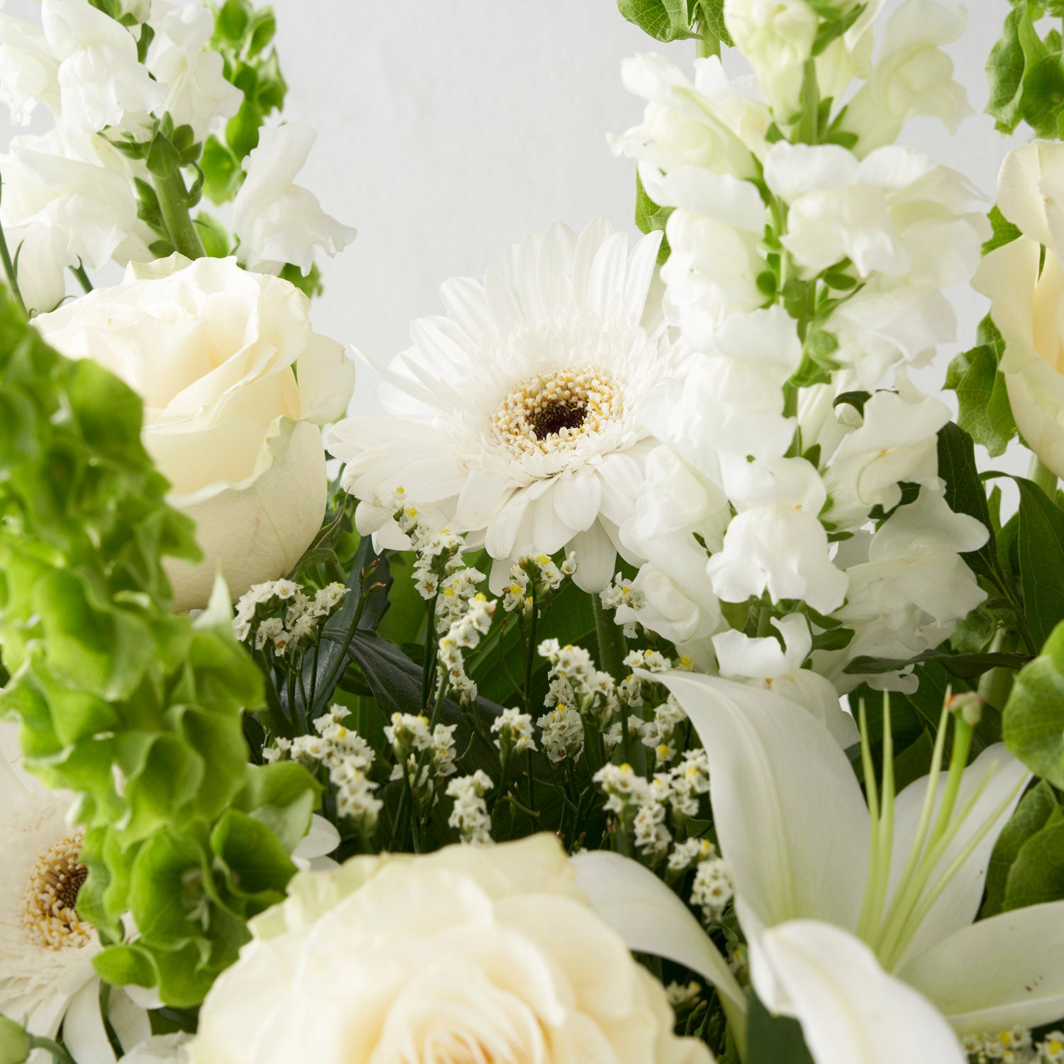 Closeup of all white and green flowers including gerberas, snapdragon, roses, and bells of ireland.