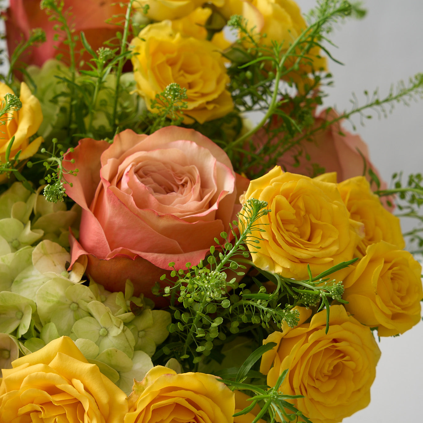 up close shot of elegant floral arrangement featuring yellow spray roses, peach Kahala roses, and mini green hydrangeas in a glass pedestal vase, radiating sunny warmth and sophistication.