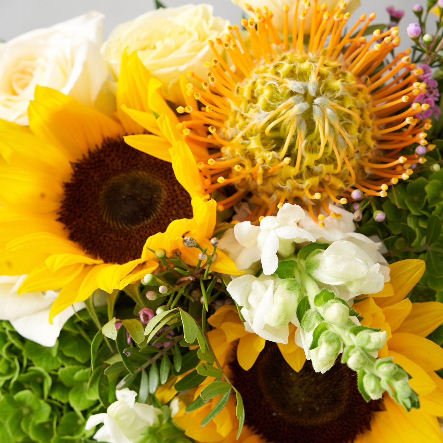 close up of Protea, sunflower, white roses and other greenery