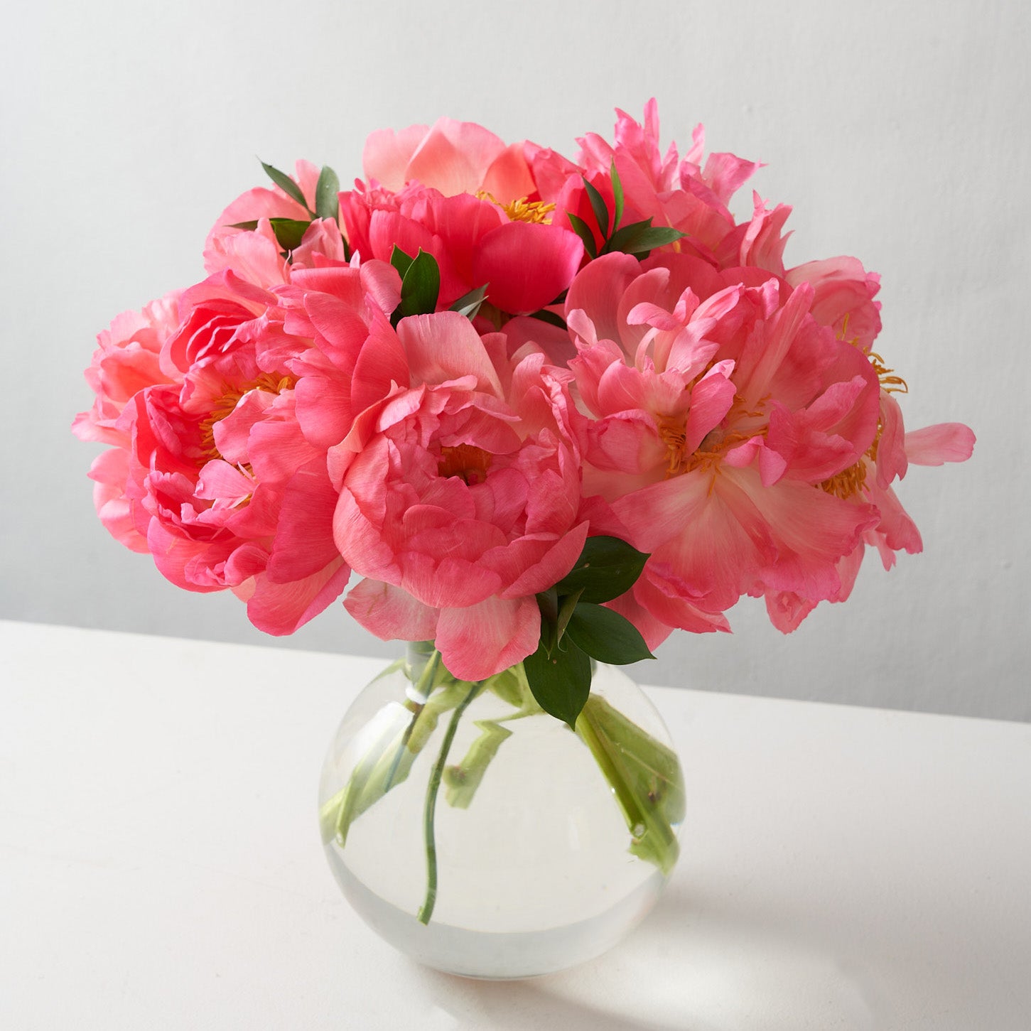 Round glass vase with tangled coral sunset peonies