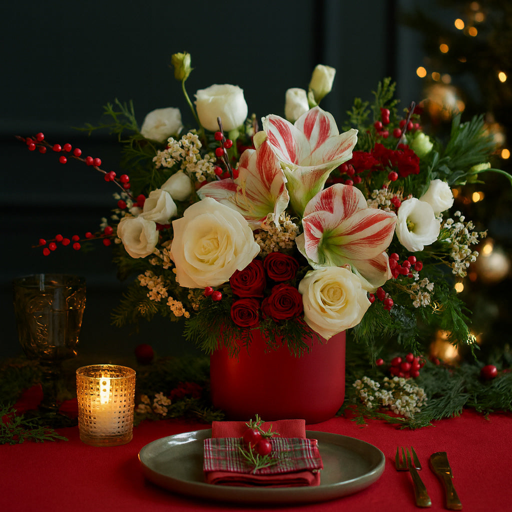 Christmas flower arrangement with candy cane amaryllis, white roses, lianthus, red winter berries with boxwood and other winter greens in a red  ceramic vase set on a festive christmas dinner table.
