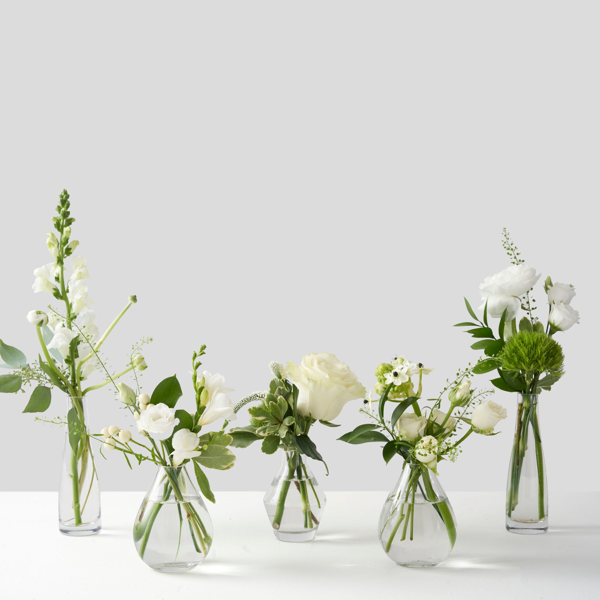 Five small glass vases filled with white and green flowers in a row on white background.