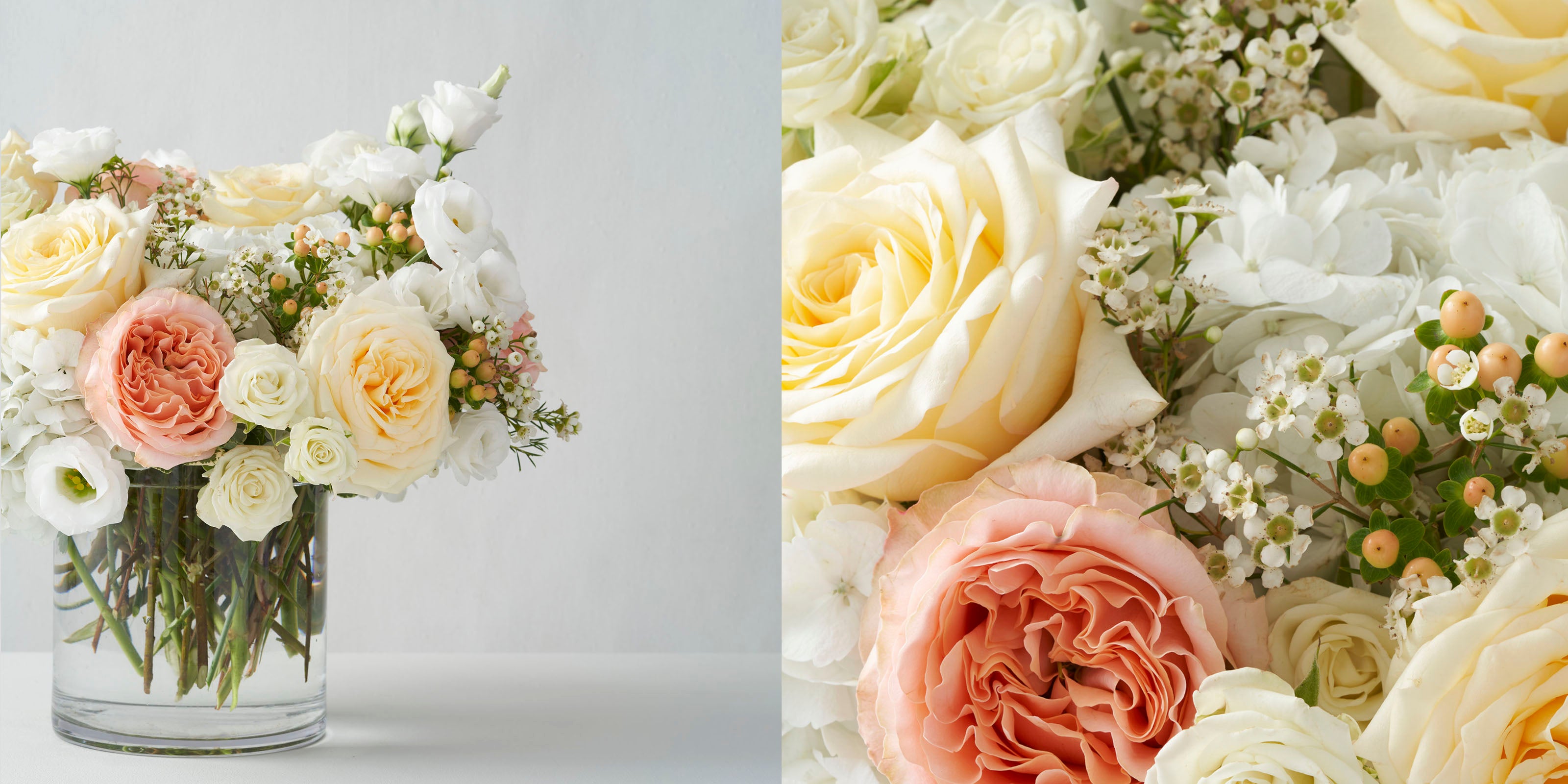 Peach and cream colour flower arrangment featuring roses, hydrangeas and lisianthus.
