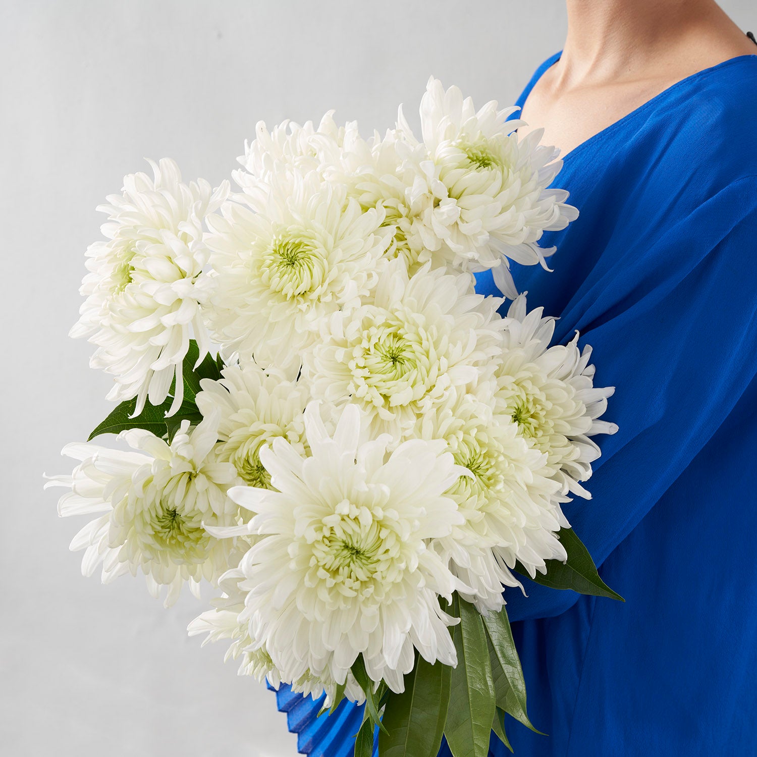 Woman in royal blue dress holding large bouquet of chrysanthemums.