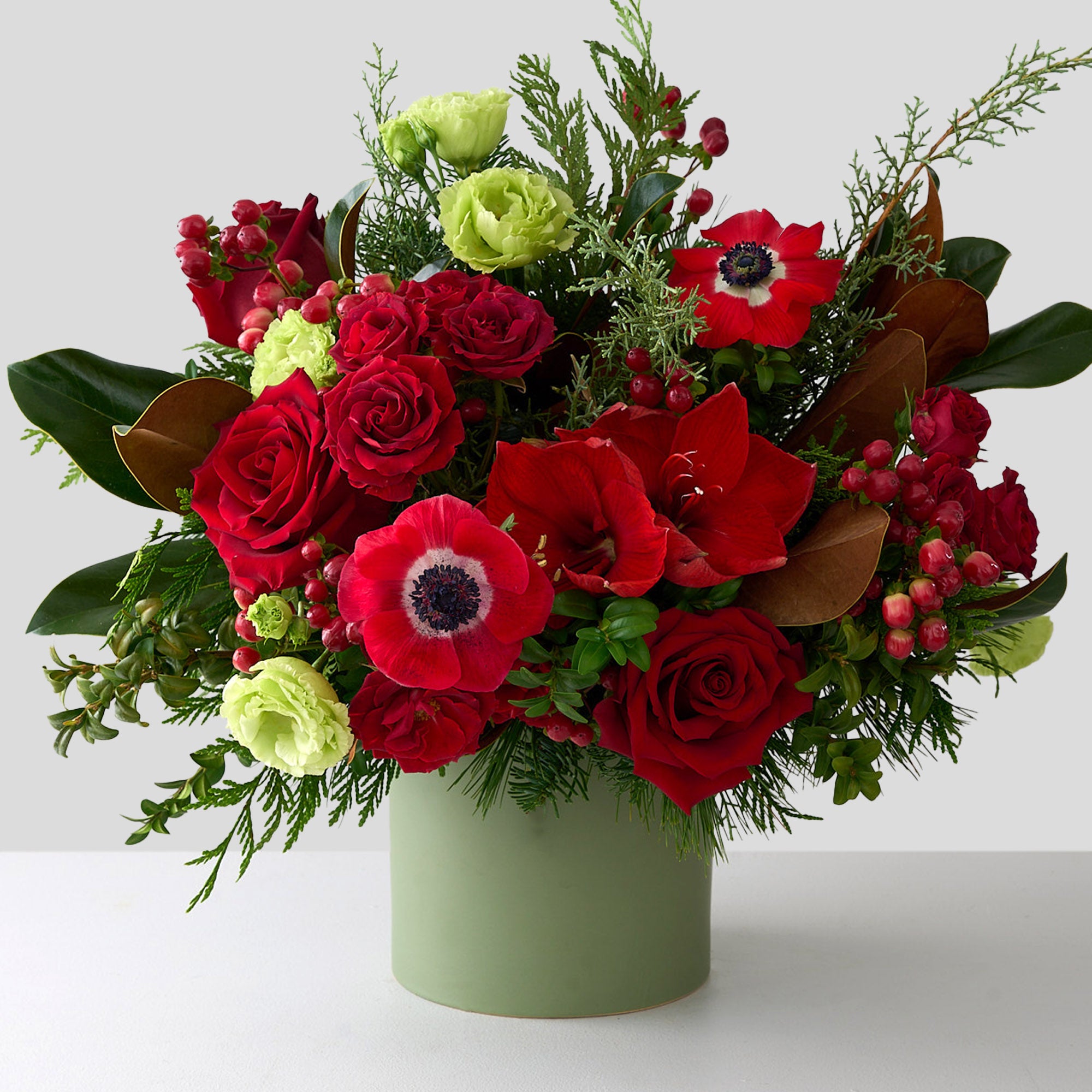 arrangement of red amaryllises, hypericum berries, anemones, and roses with magnolia leaves and other winter greens in a sage green pot.