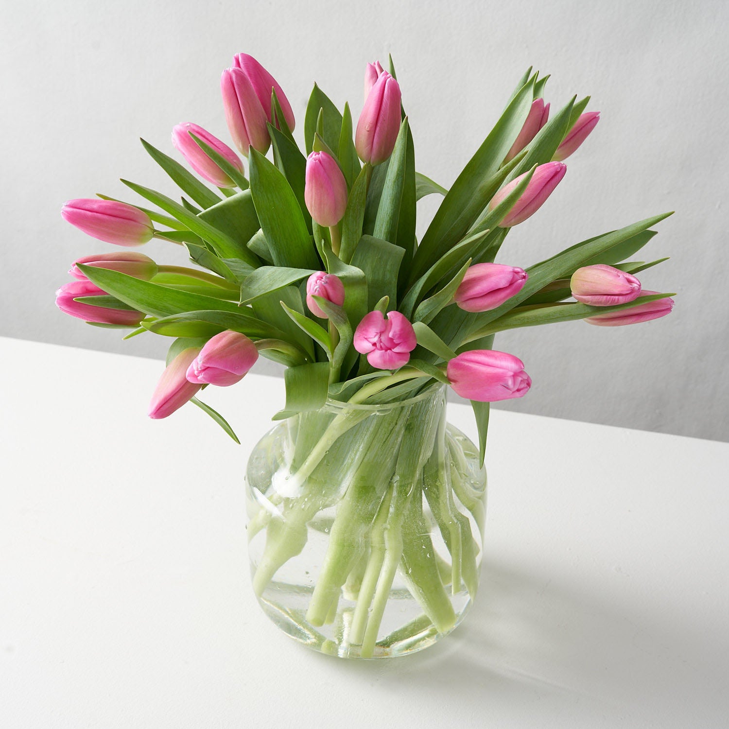 Rounded glass vase arranged with pink tulips