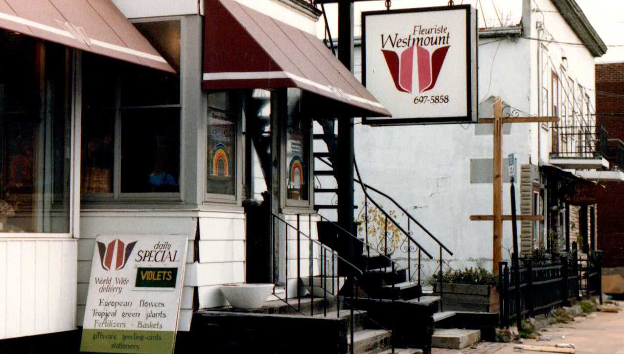 Old photo of store front with Westmount florist sign hanging outside.