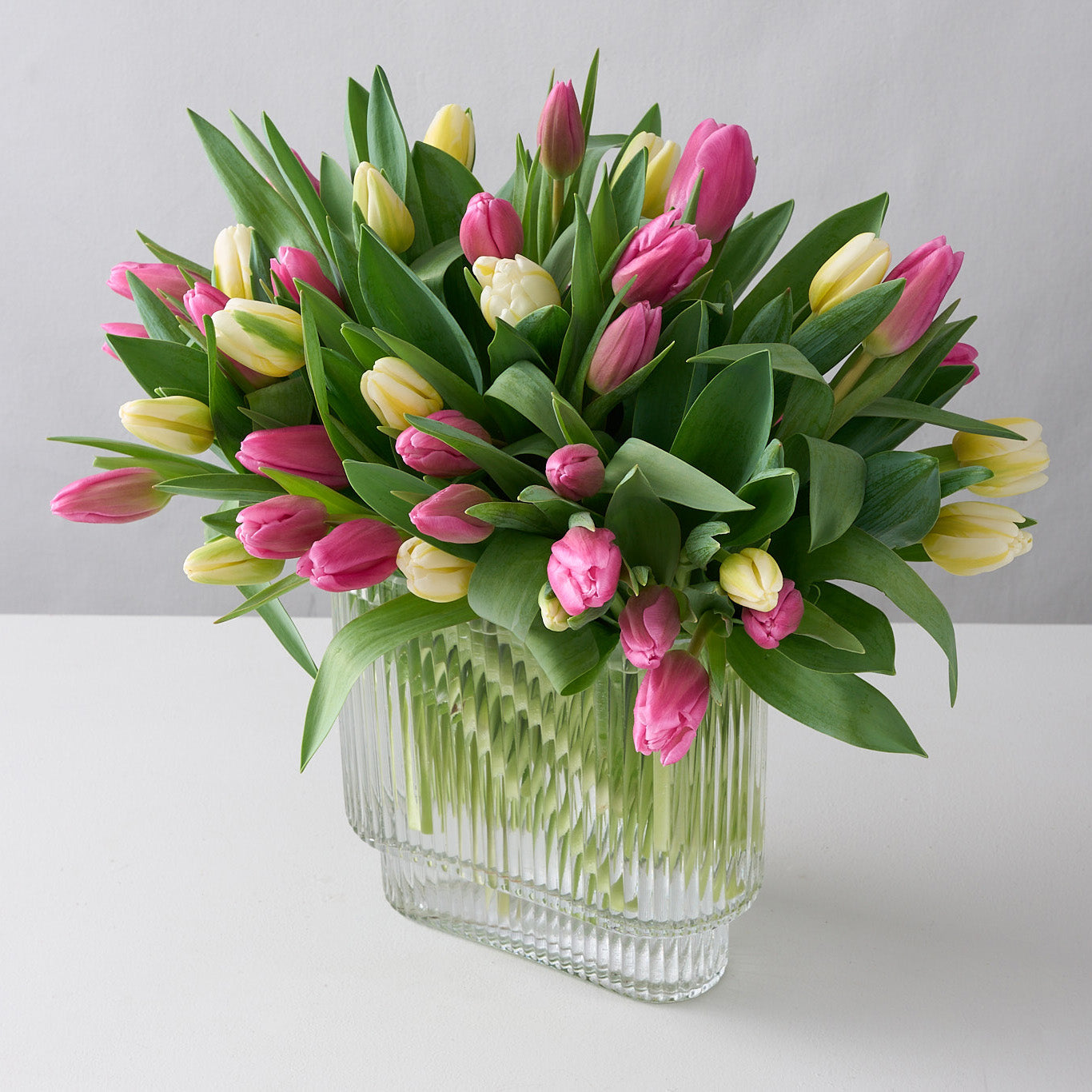 A floral arrangement featuring a mix of pink and white tulips in an clear, oblong ribbed vase.