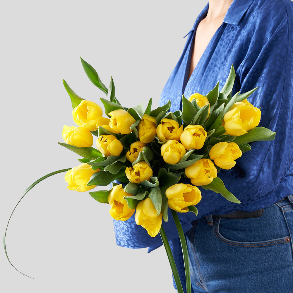Woman in blue shirt holding a grouping of yellow tulips in her arms